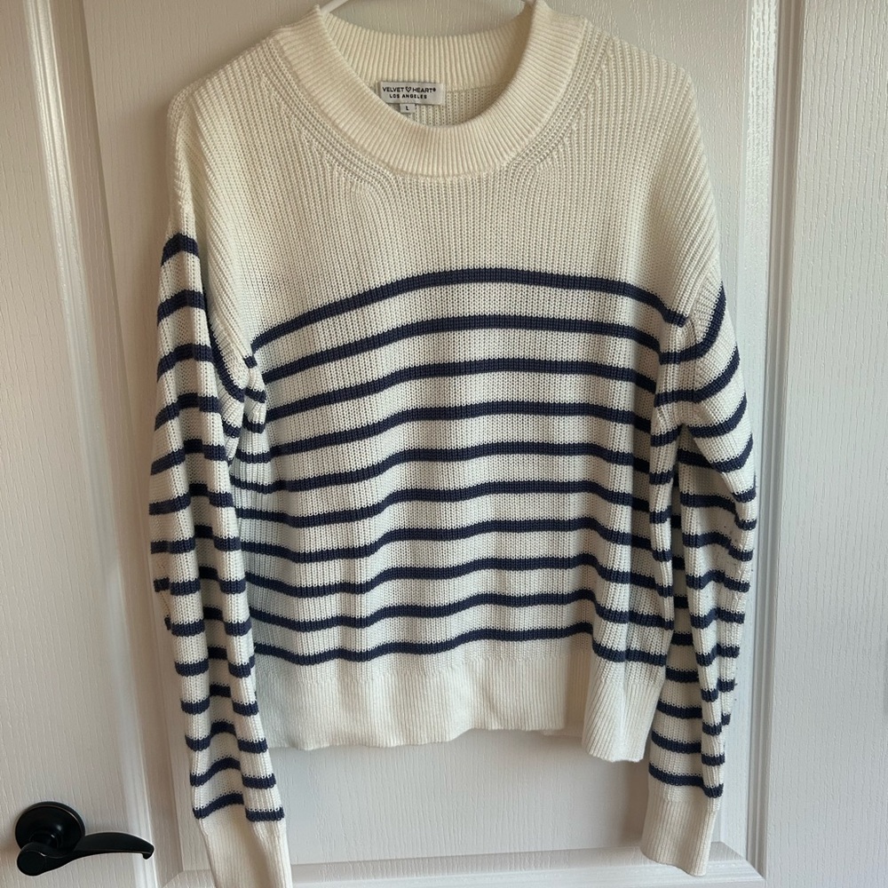 Velvet Heart Ivory & Blue Striped Crewneck Sweater